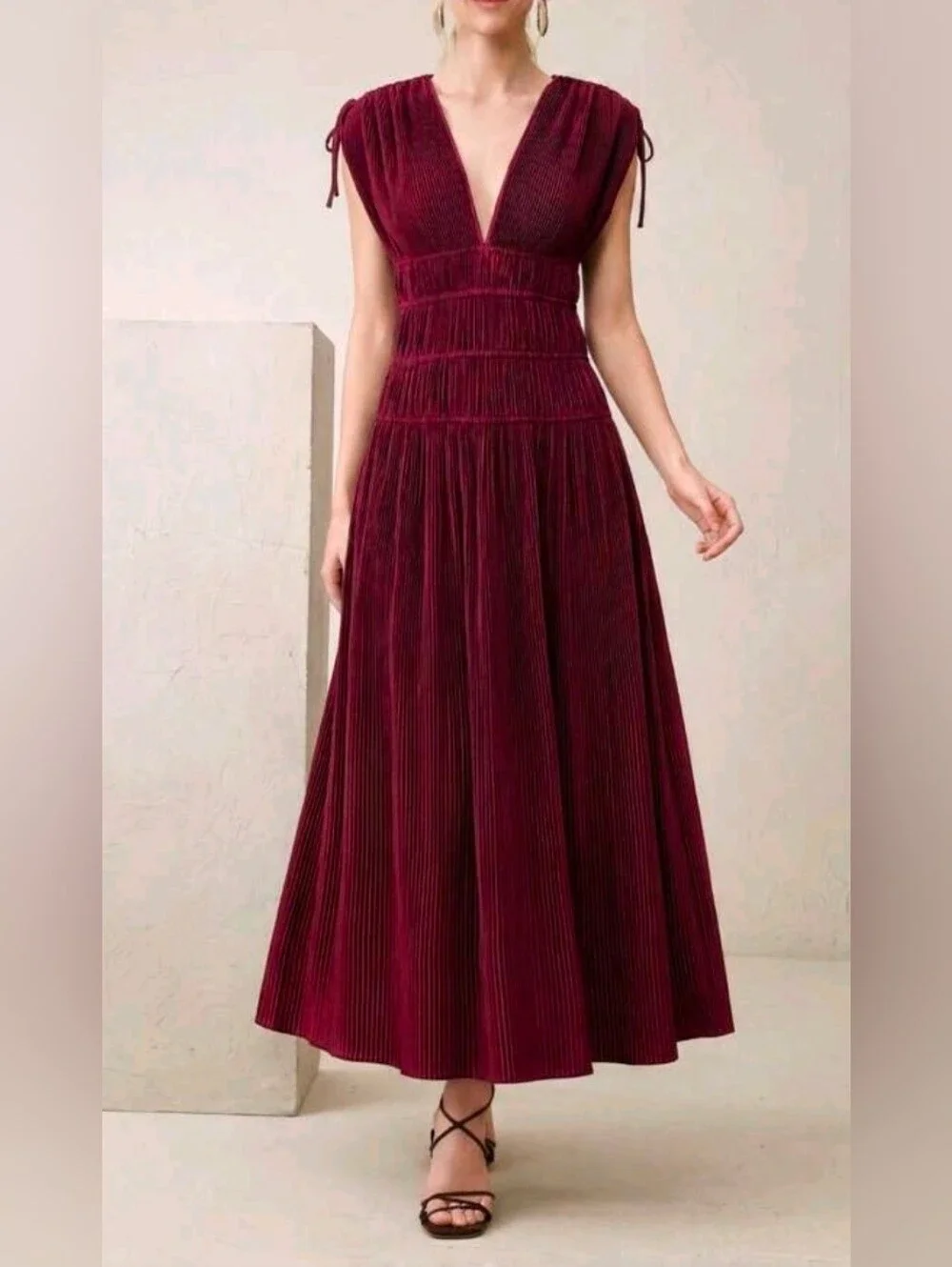 New Luxe Tie Shoulder Pleated Maxi Dress Sleeveless Burgundy Red